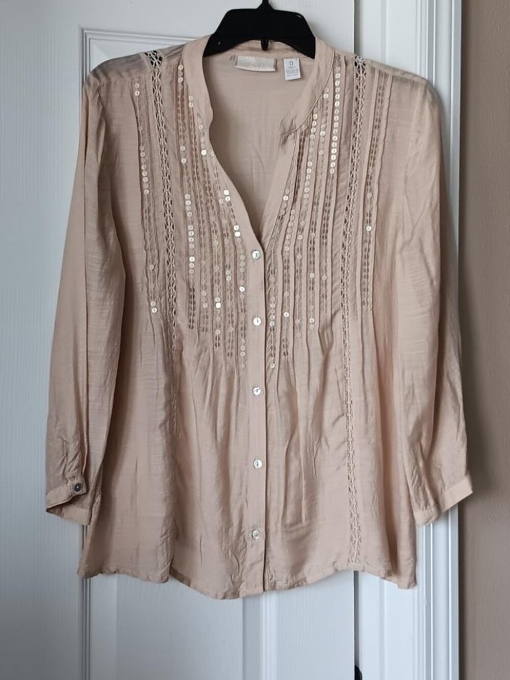 CHICOS Womens Top Tan Boho Vertically Embroidered with Sequins Size Small